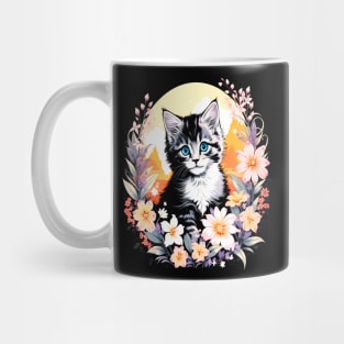 Black and Grey Kitten Surrounded by Spring Flowers Mug